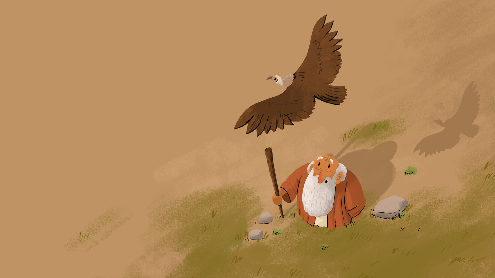Illustrated Bible story scene, in line art, of an eagle above a seated elderly man