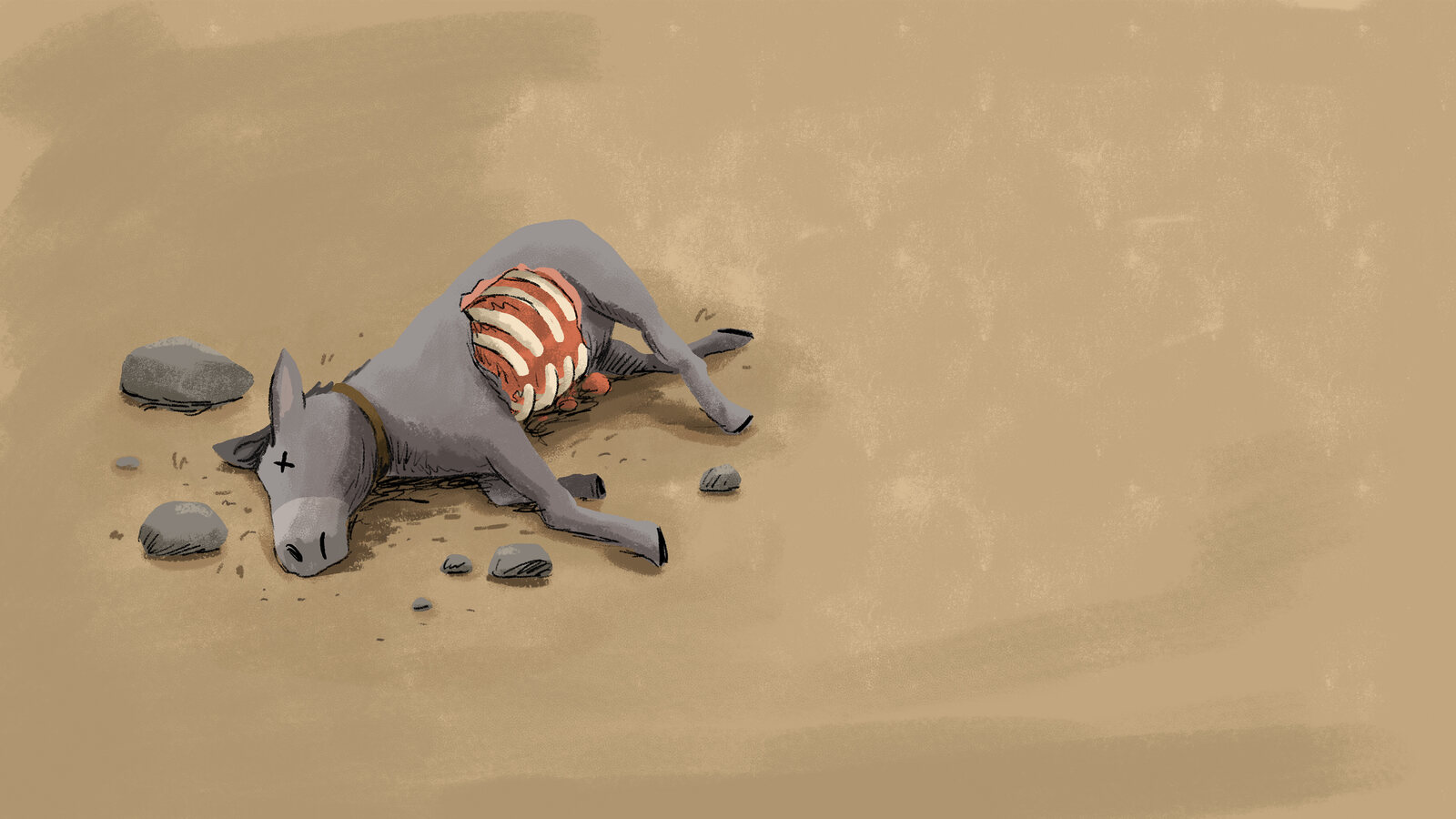 Illustrated Bible story scene of a donkey lying collapsed on sandy desert ground