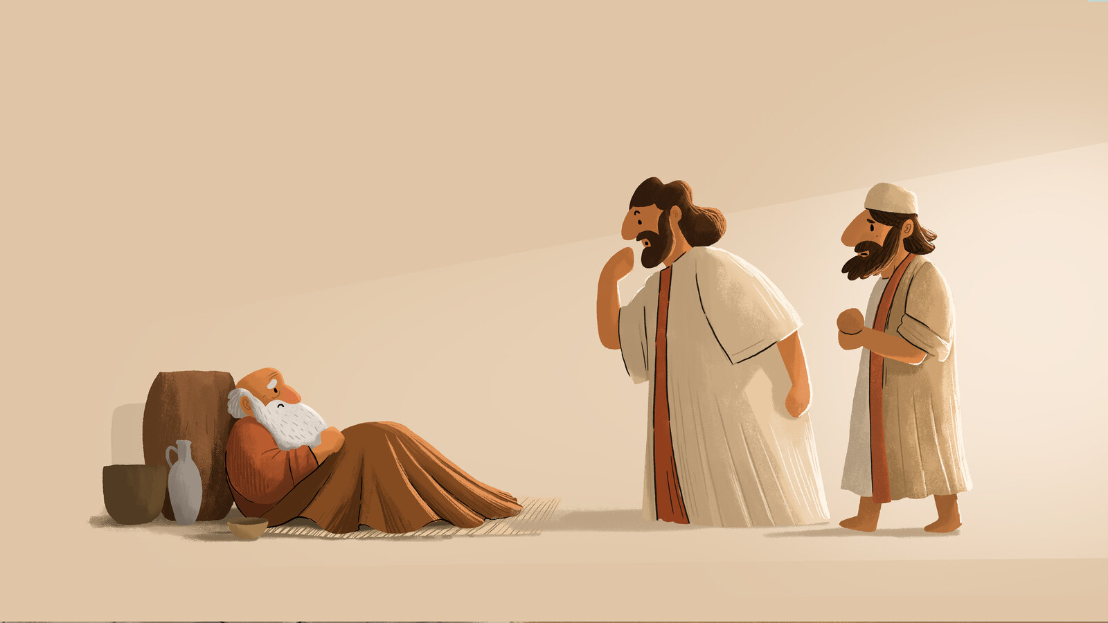 Illustrated Bible story scene of an elderly, white bearded man resting against a stack of pottery jars while two other men talk nearby