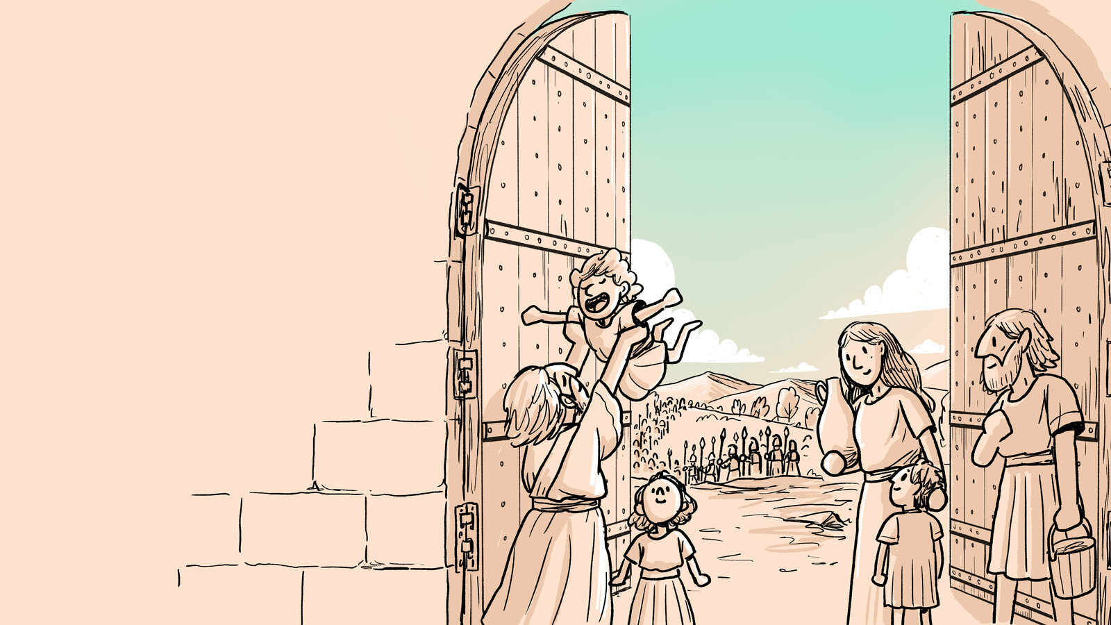 Illustrated Bible story scene of a family opening city gates to greet an approaching crowd