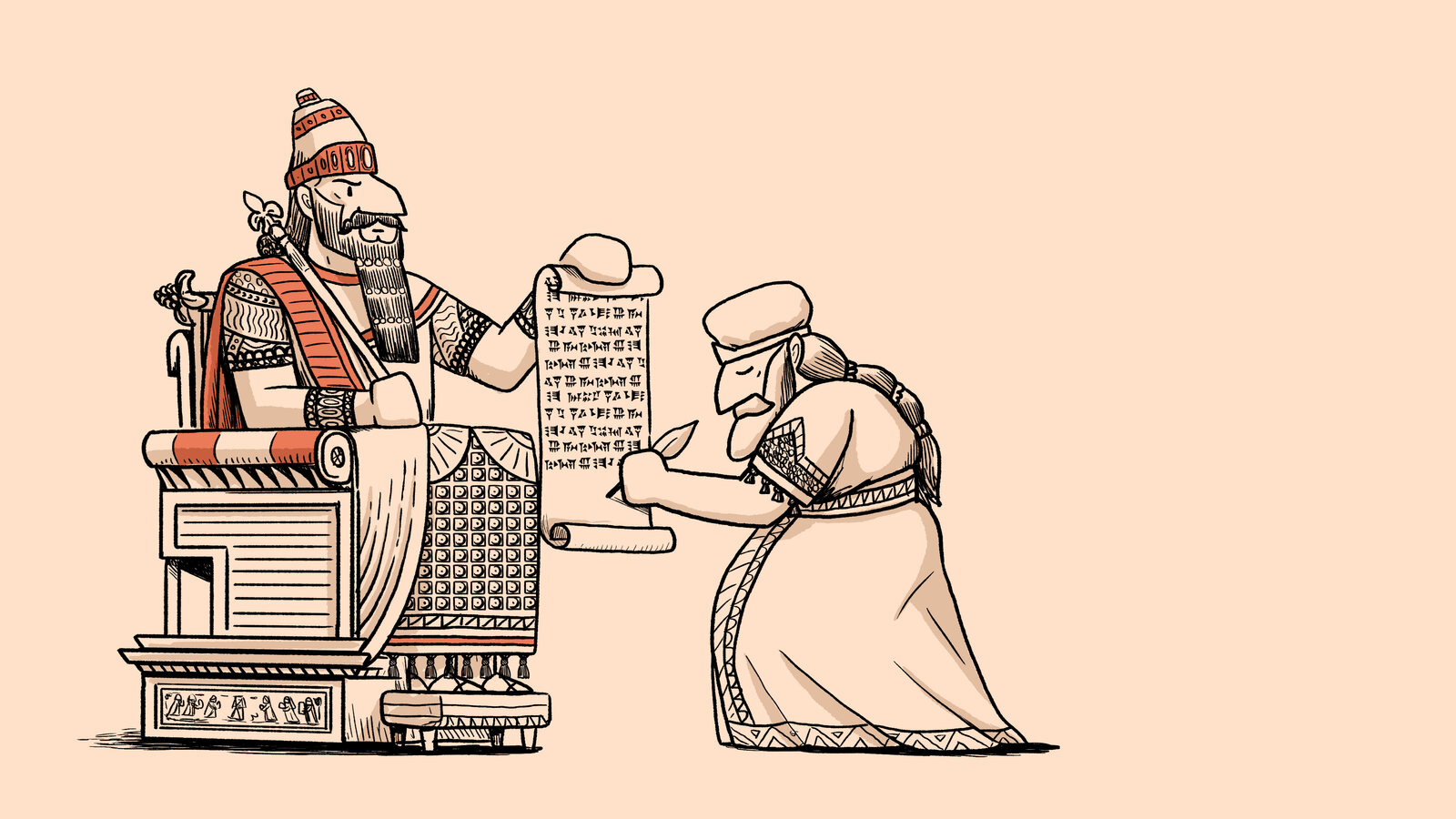 Illustrated Bible story scene, in line art, of a king presenting stone tablets to a kneeling priest