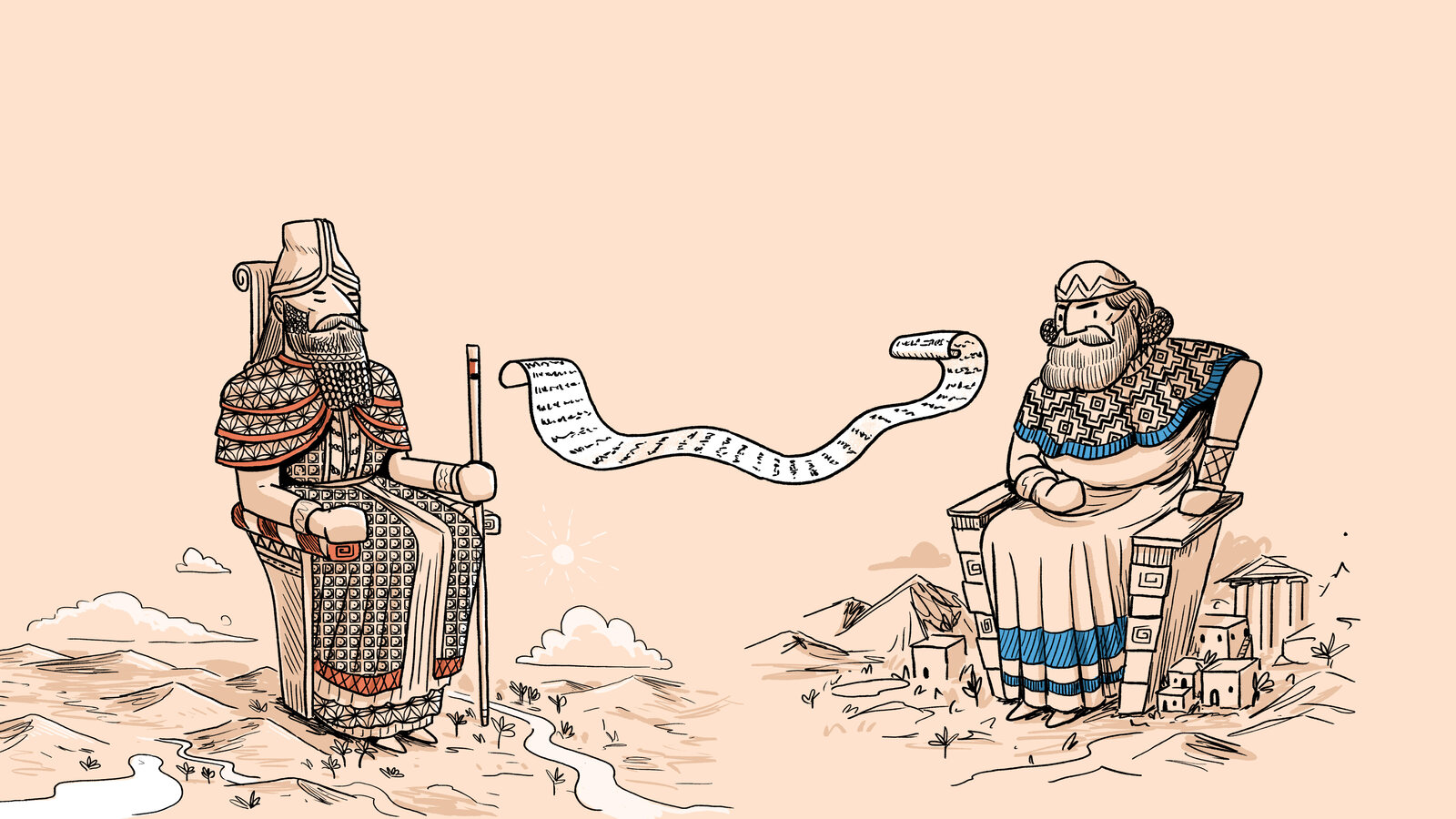 Illustrated Bible story scene of two armoured kings exchanging a scroll