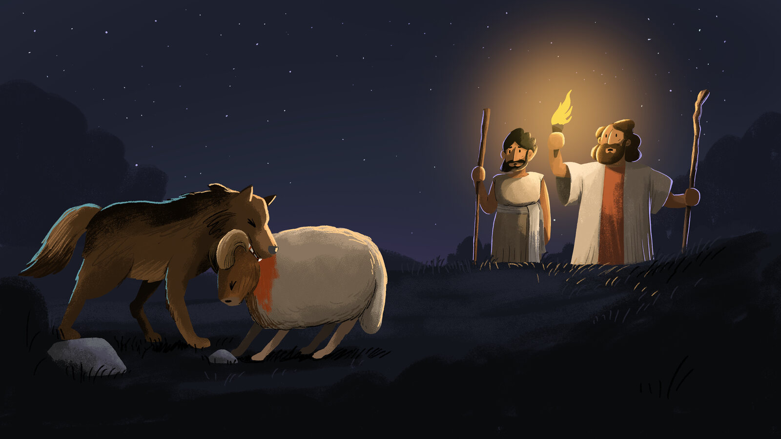 Illustrated Bible story scene of two horses at night, with a figure carrying a torch