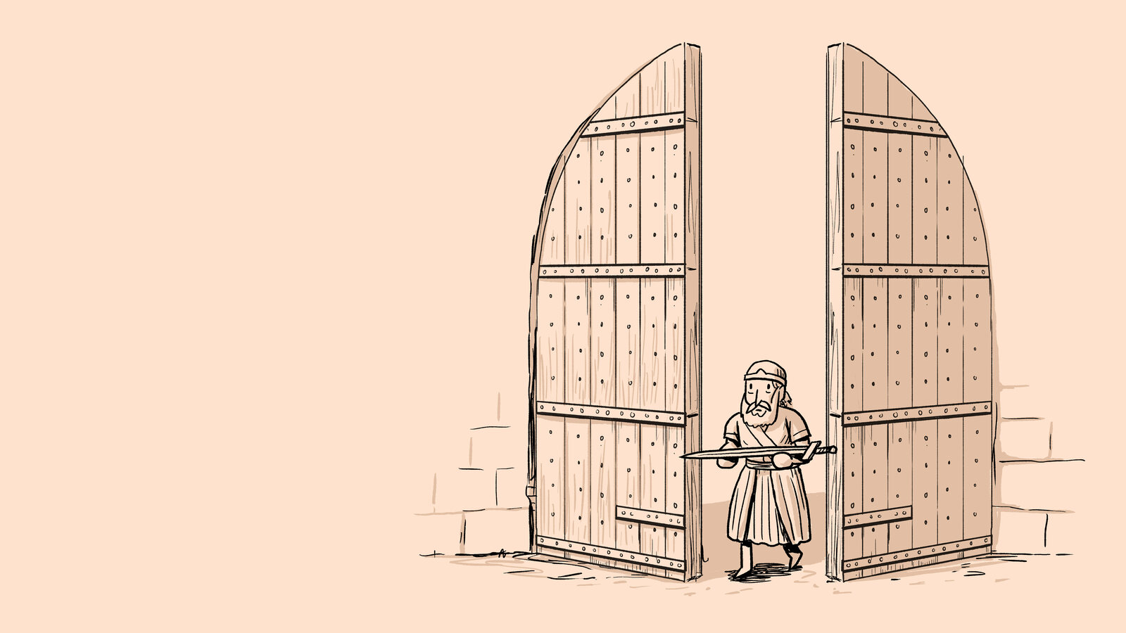 Illustrated Bible story scene, in line art, of a small figure standing before large open city gates