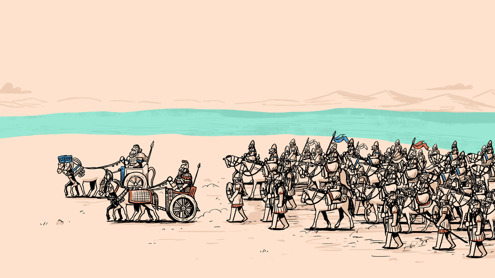 Illustrated Bible story scene, in line art, of soldiers and chariots at a river crossing