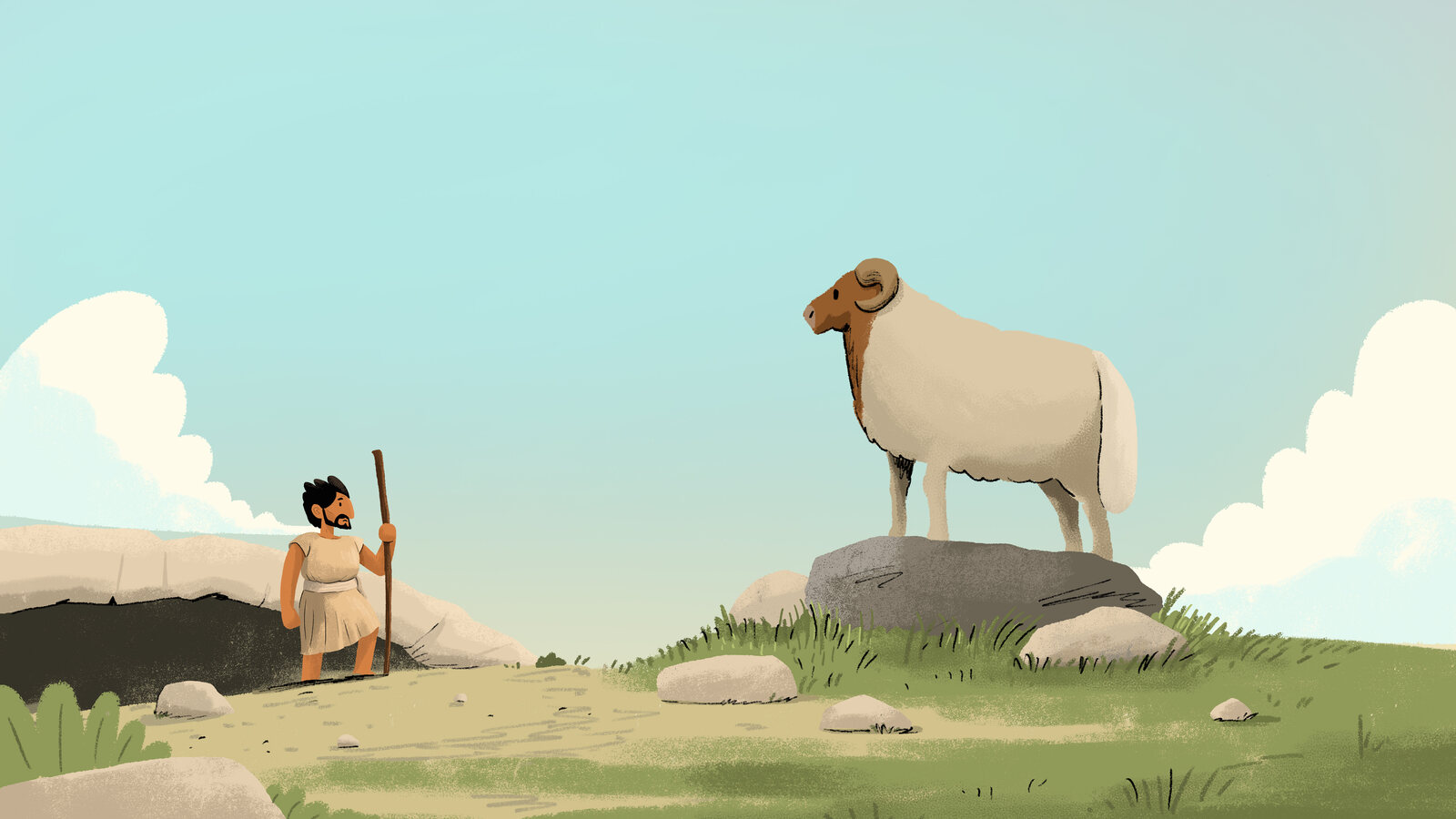Illustrated Bible story scene of a shepherd boy with a ram on a rocky outcrop