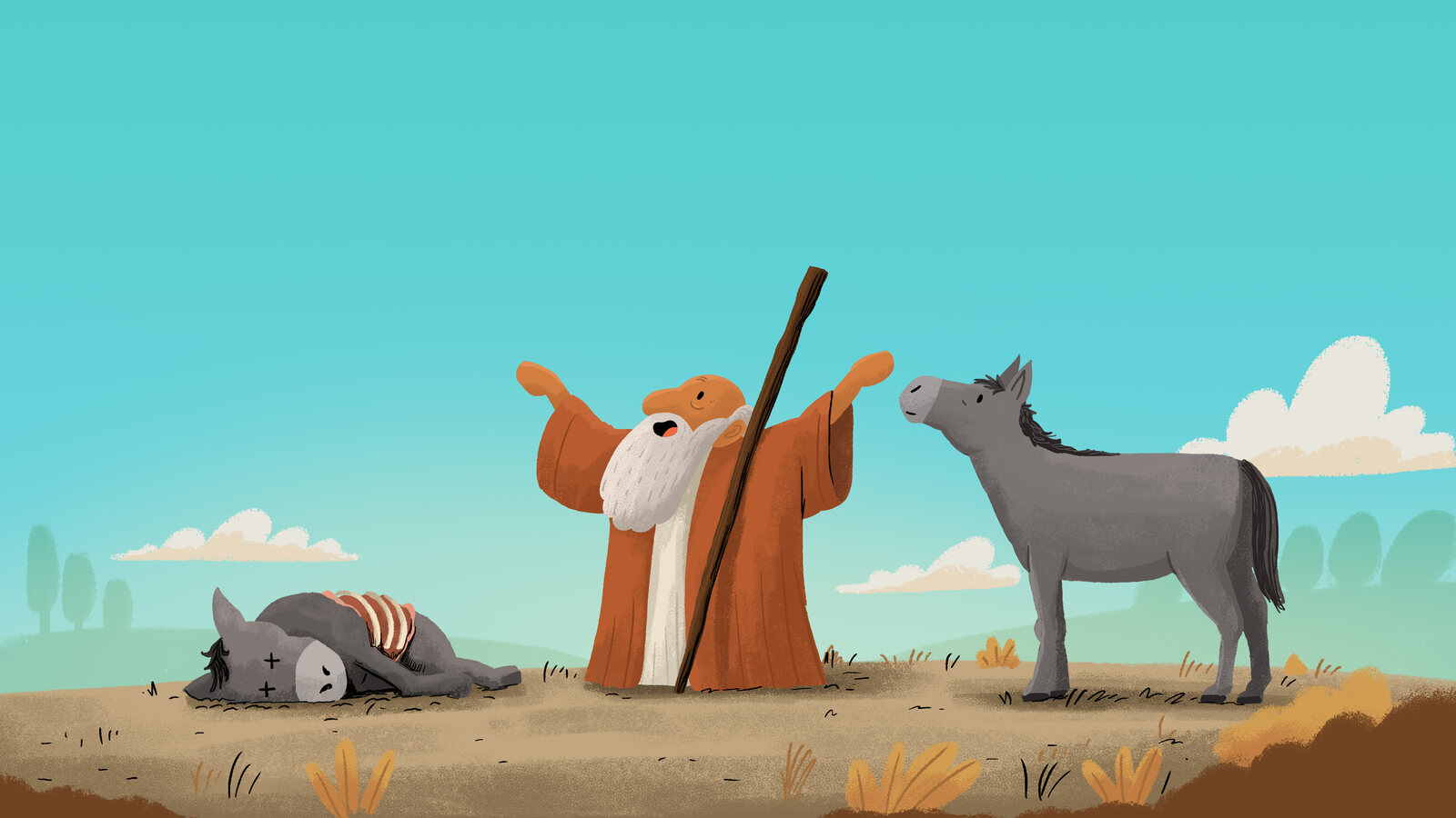 Illustrated Bible story scene of a shepherd confronting a wolf standing over a fallen sheep
