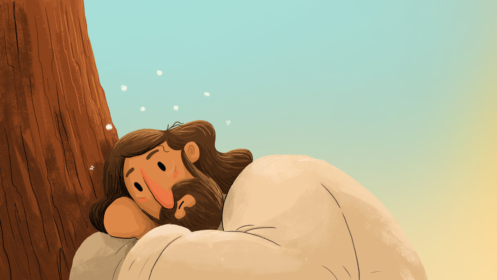Illustrated Bible story scene of a man asleep against a tree trunk