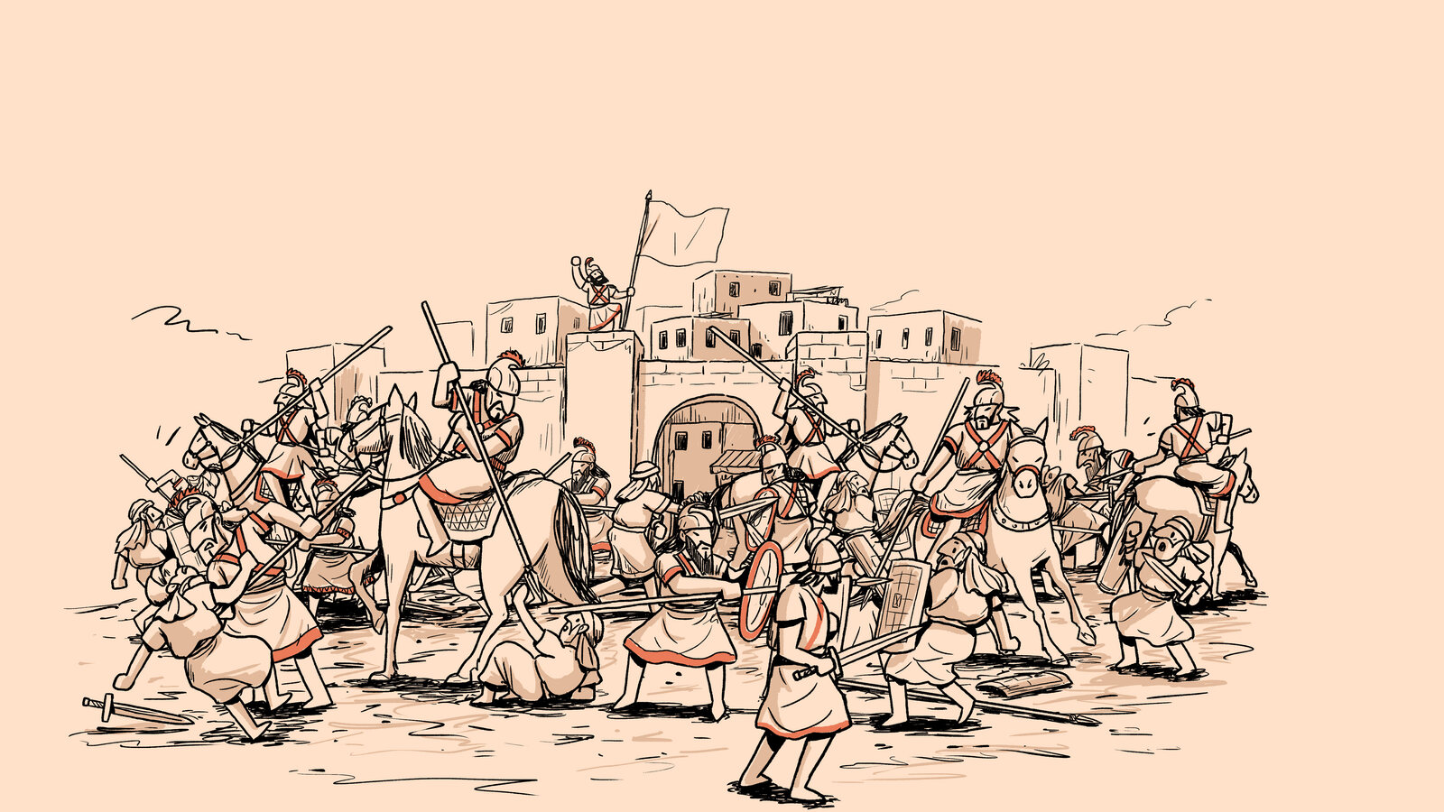 Illustrated Bible story scene, in line art, of soldiers surrounding a walled city