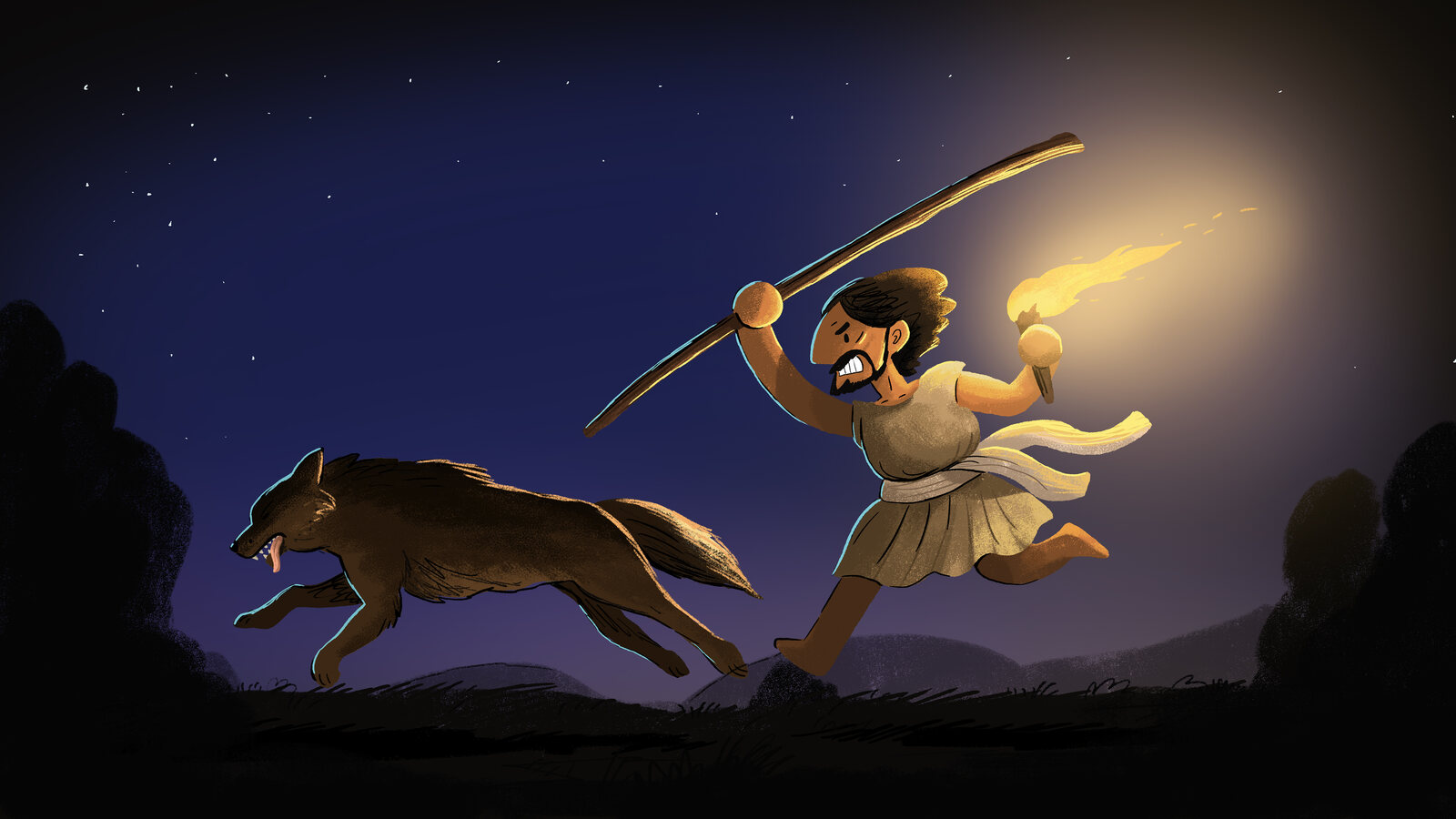 Illustrated Bible story scene of a man hurling a spear at a wolf at night