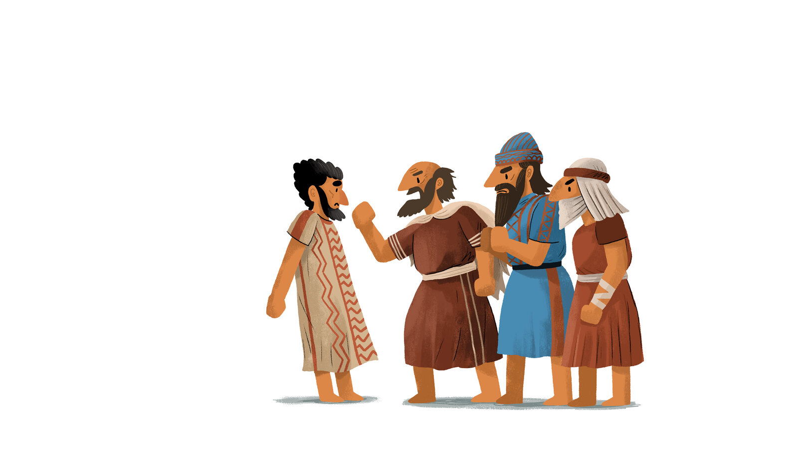 Illustrated Bible story scene of three robed figures standing in conversation