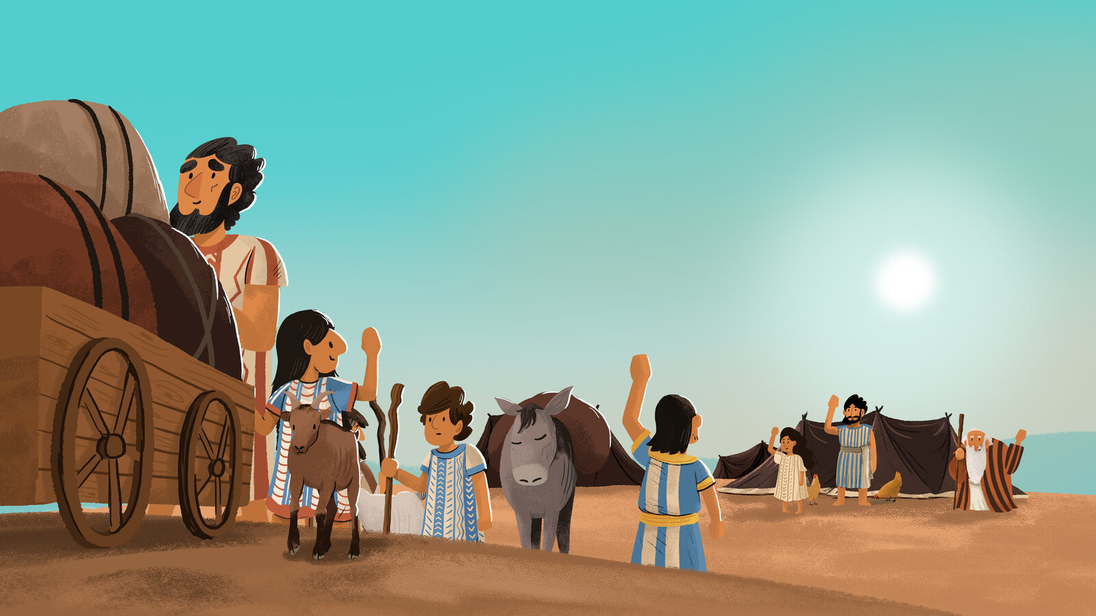 Illustrated Bible story scene of a family travelling by ox cart in daylight, children waving, camels alongside