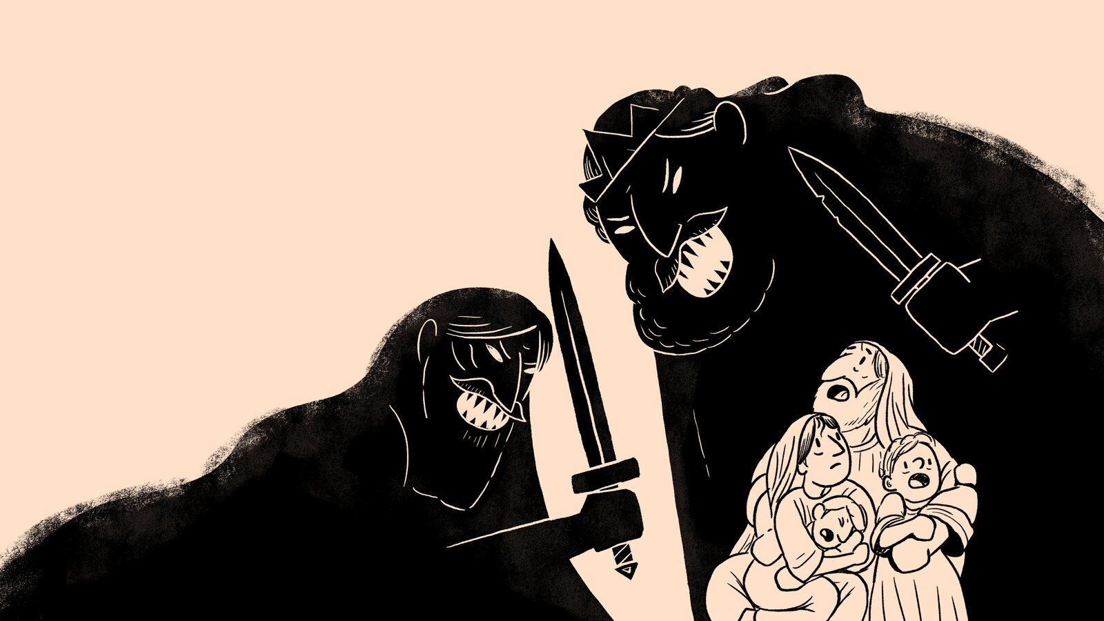Illustrated Bible story scene, in silhouette, of two warriors clashing swords