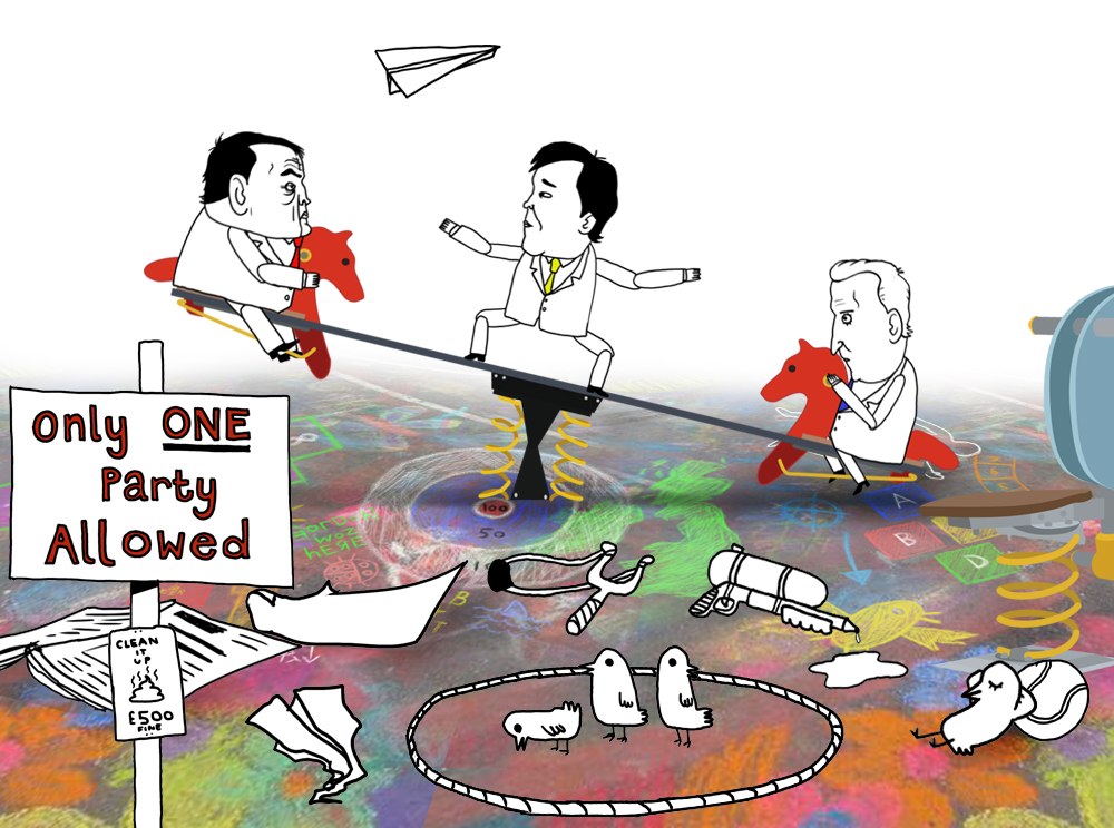 Absolute Power, What is a Hung Parliament?, an illustrated political cartoon still, "Only ONE Party Allowed"