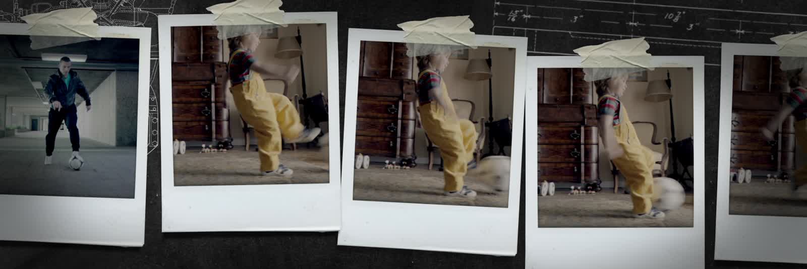 Frame from the Hyundai film, a strip of polaroid photographs of a football freestyle sequence