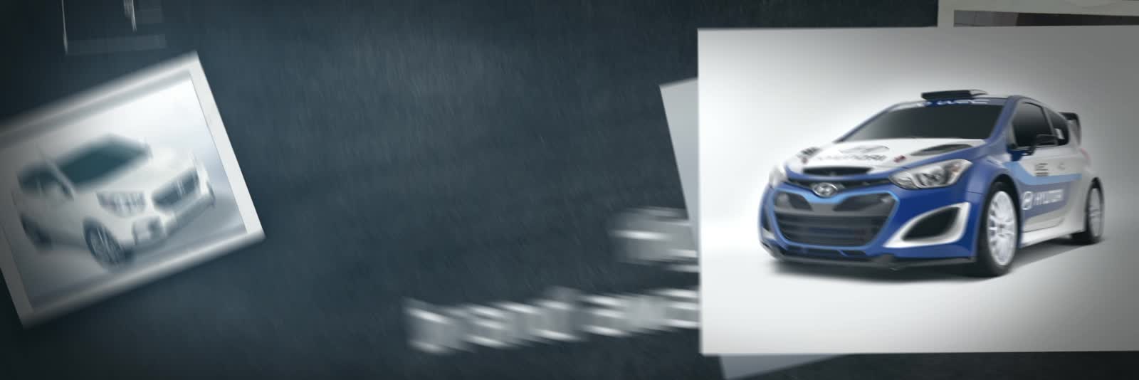 Frame from the Hyundai film, a polaroid of a Hyundai rally car