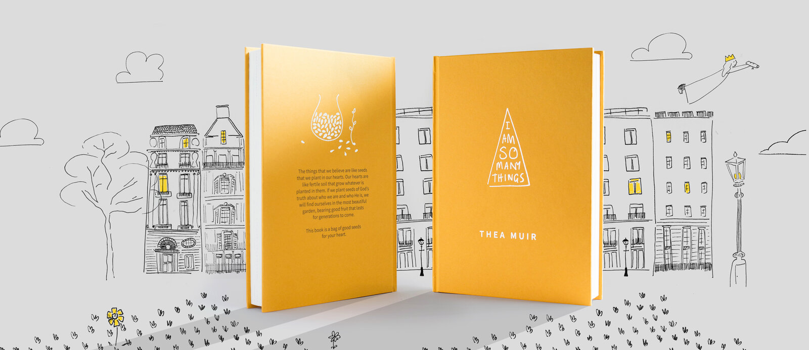 Front and back cover of 'I Am So Many Things' by Thea Muir, a yellow cloth hardback with a hand lettered triangle mark