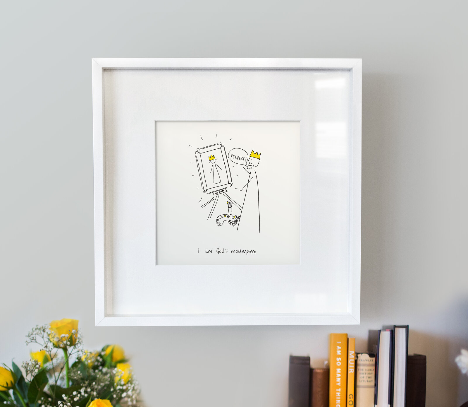 Framed print from the 'I Am So Many Things' gift range, showing a crowned character painting its own portrait, captioned 'I am God's masterpiece'