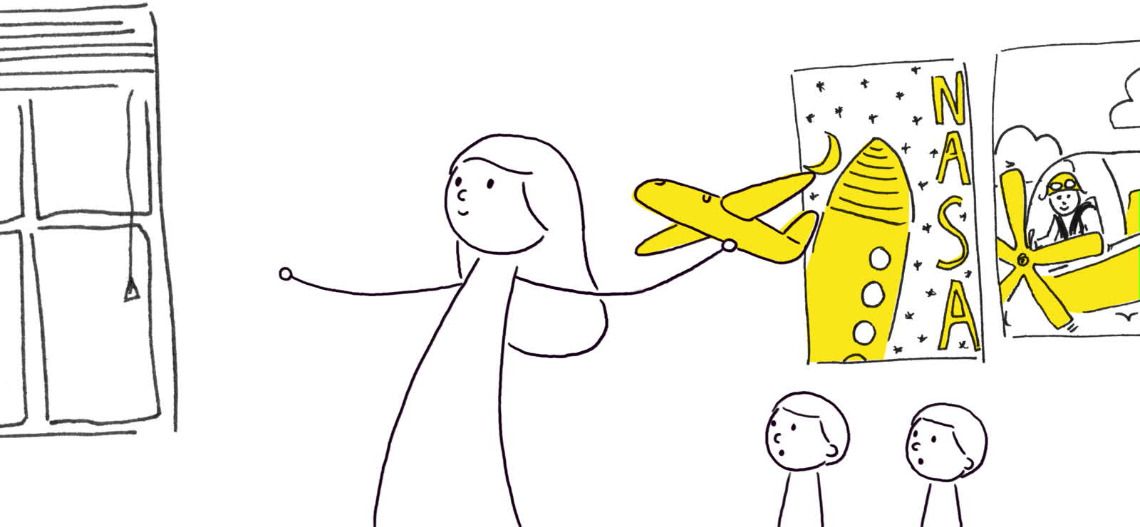 Frame from I Am So Many Things, a mother pointing at a NASA poster while two children look on