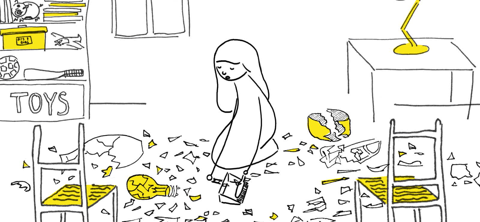 Frame from I Am So Many Things, a broken lightbulb and vase scattered across a bedroom floor