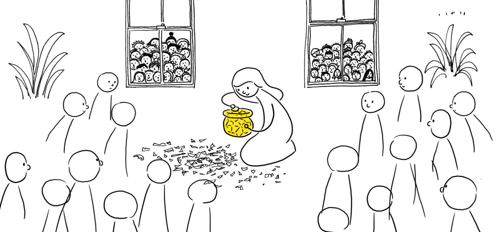 Frame from I Am So Many Things, a woman handing something from a pot to a crowd gathered at her windows