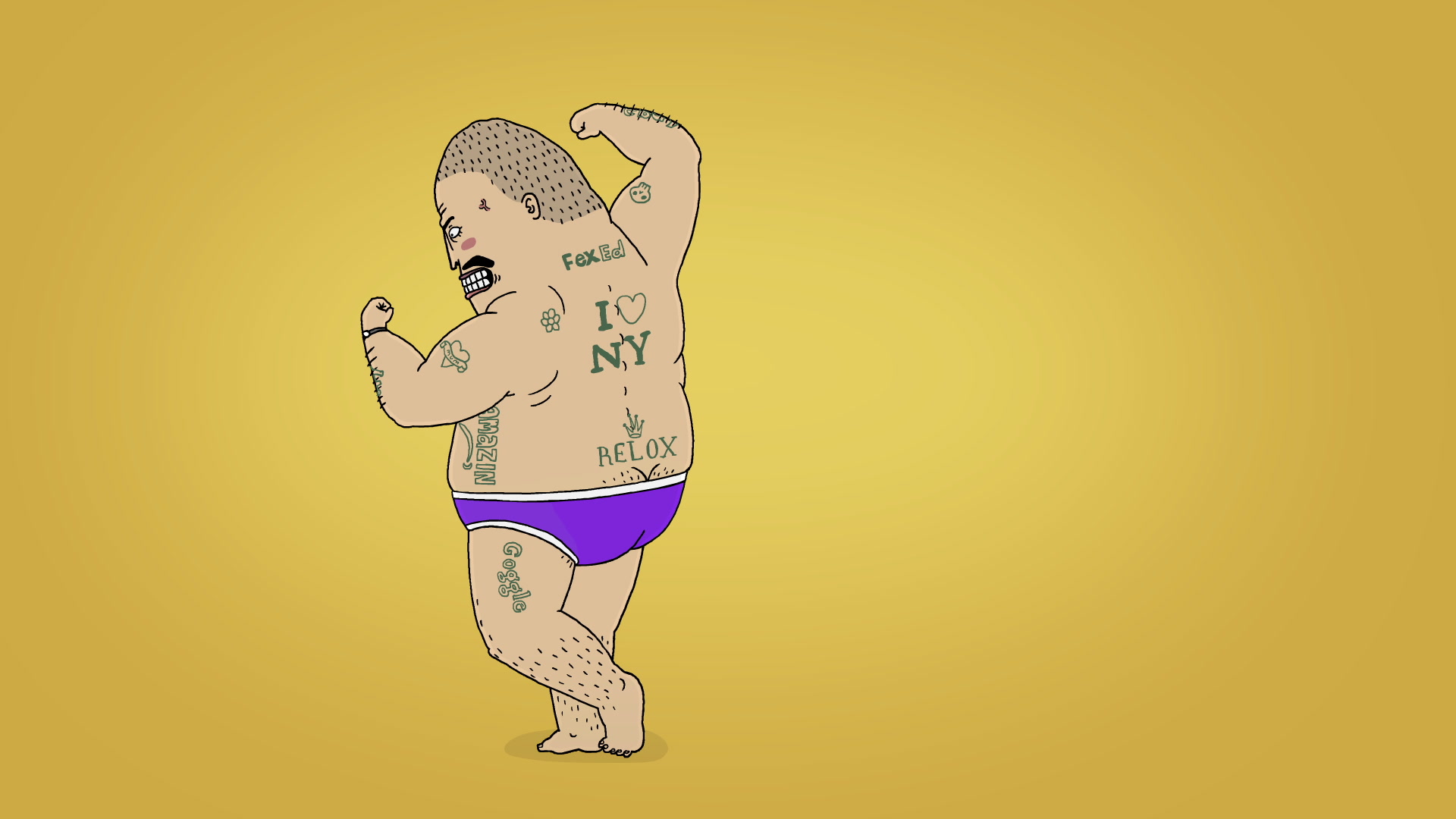 Jack Morton Anniversary, a tattooed, half naked animated character flexing his bicep