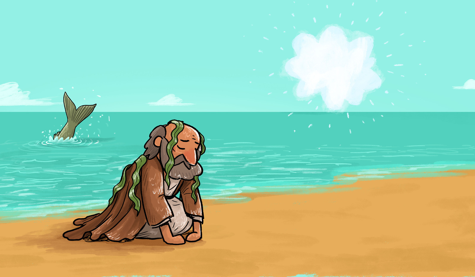 Illustrated scene of Jonah alone on a beach, the fish’s tail visible disappearing into the water
