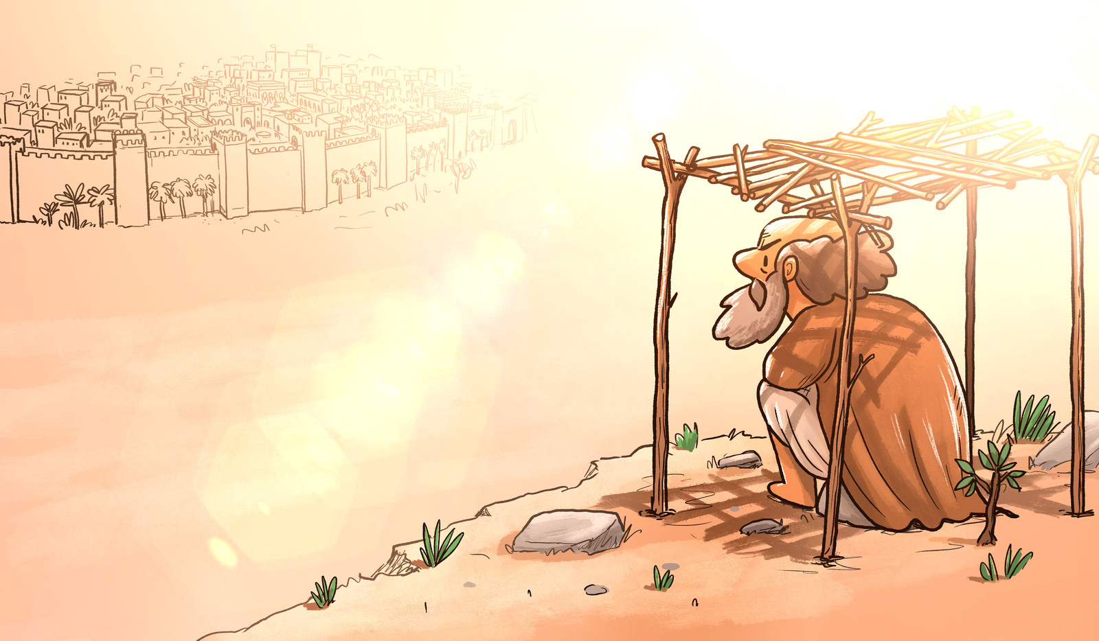 Illustrated closing scene of Jonah seated under a simple shelter overlooking the city at sunset