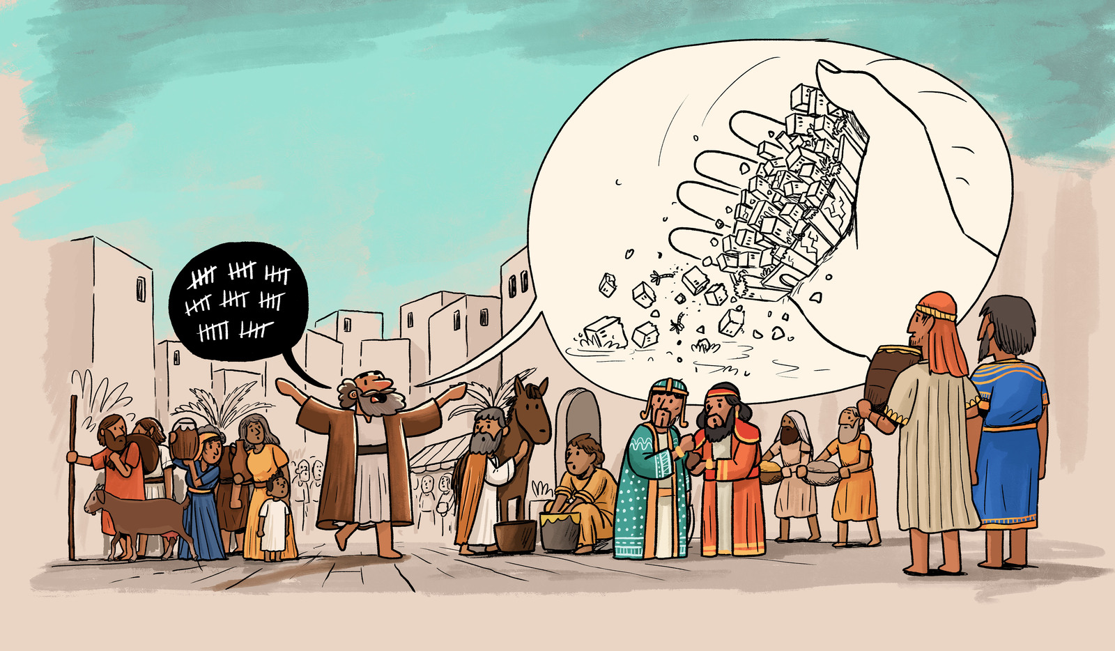 Illustrated scene of Jonah warning a crowd in Nineveh, a thought bubble sketch of the city above them