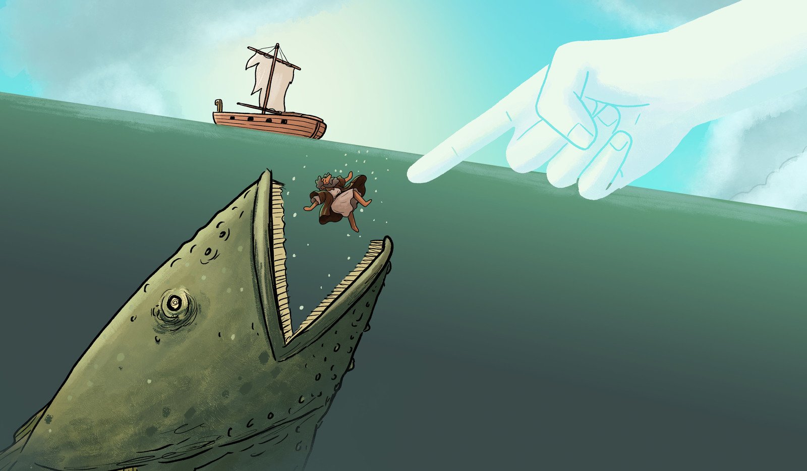 Illustrated scene of a huge fish approaching Jonah as he sinks in the sea, a divine hand pointing from above