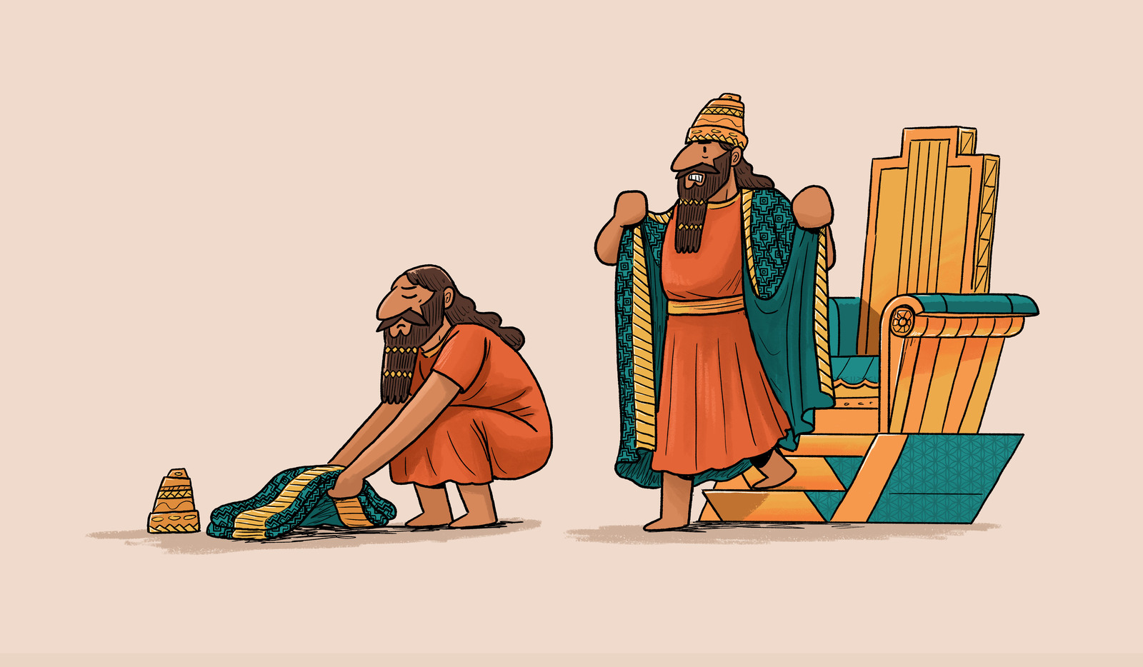 Illustrated scene of the King of Nineveh removing his robe and sitting in sackcloth