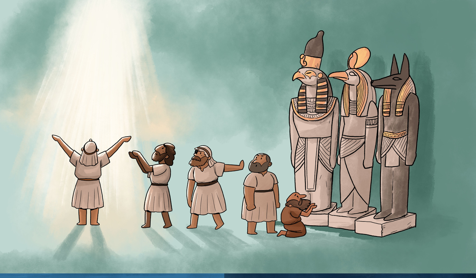 Illustrated scene of the people of Nineveh gathered before statues and idols