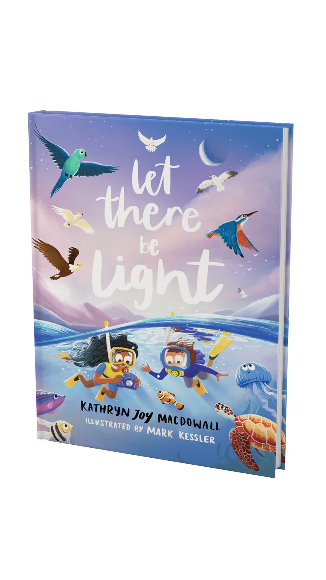 Illustrated night-sky spread of the sun, moon and stars, with hand-lettered text reading "God spoke and set the sun and moon in place"