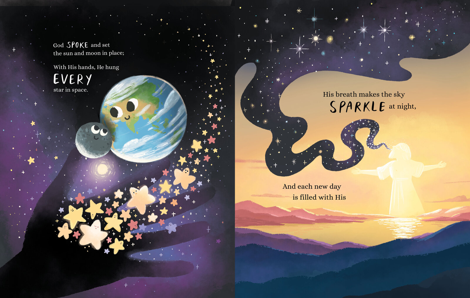 Illustrated night sky spread, God's hand releasing stars toward the earth and moon, with hand lettered text reading 'God spoke and set the sun and moon in place'