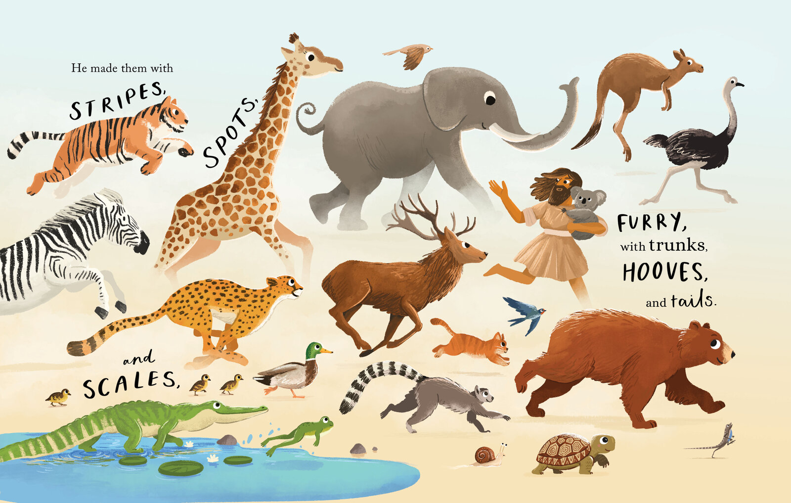 Illustrated spread of a wide grid of land animals — zebras, elephants, a giraffe, bears and more — with the hand lettered text "He made them with stripes, spots, furry, with trunks, hooves, and scales"