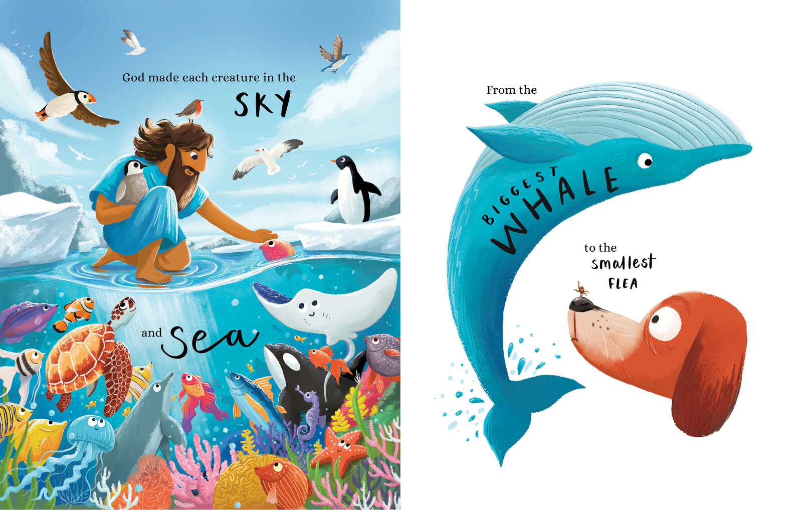 Illustrated spread of a figure among sky and sea creatures beside a large whale, with the hand lettered text "God made each creature in the sky and sea... from the biggest whale to the smallest flea"