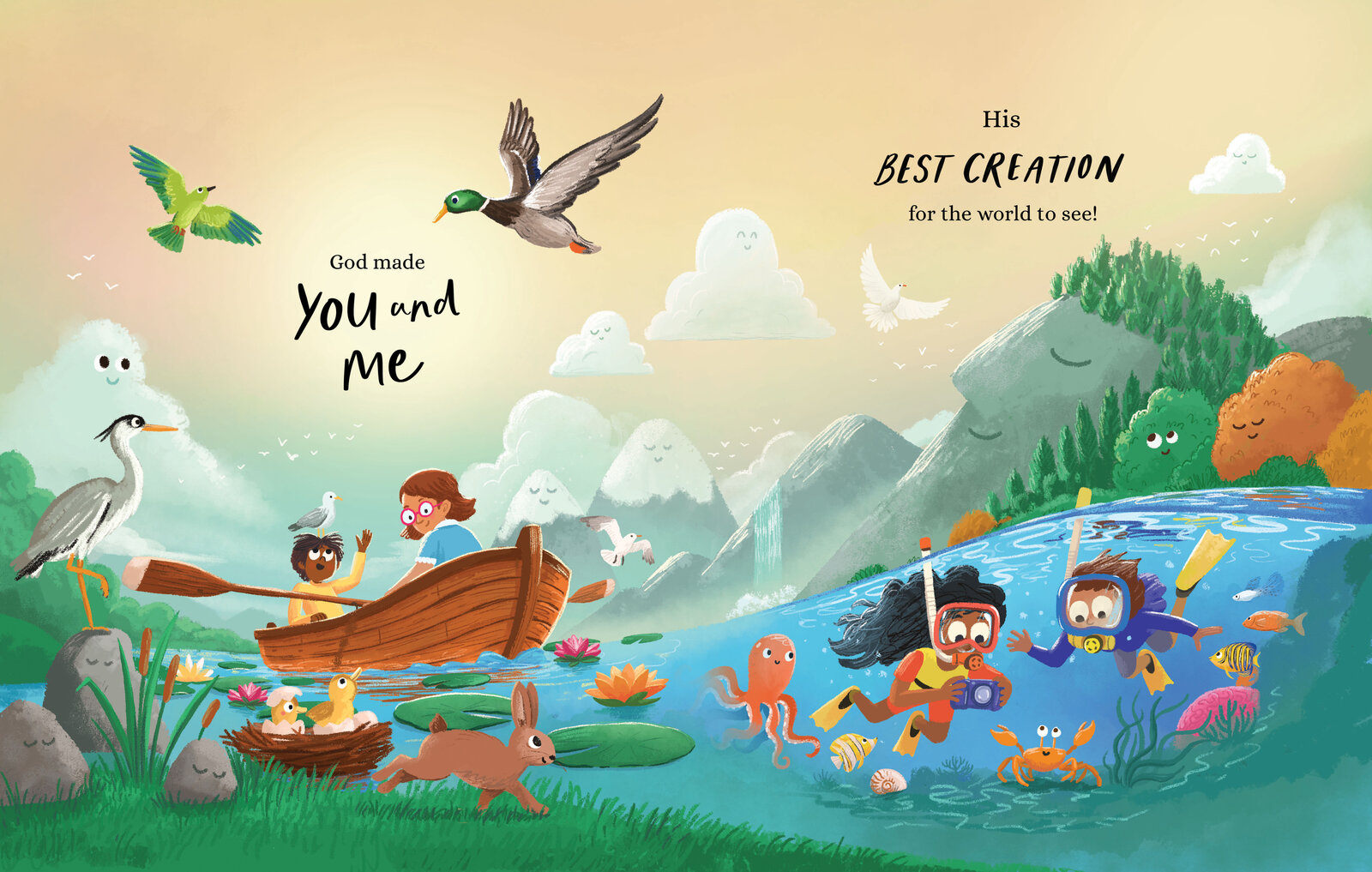 Illustrated spread of a family in a rowing boat and children swimming among sea creatures, with the hand lettered text "God made You and Me — His best creation for the world to see!"