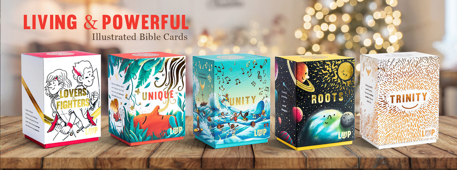 Boxed deck of 225 illustrated Bible verse cards for Living & Powerful, shown with a Romans 8:28 card on top