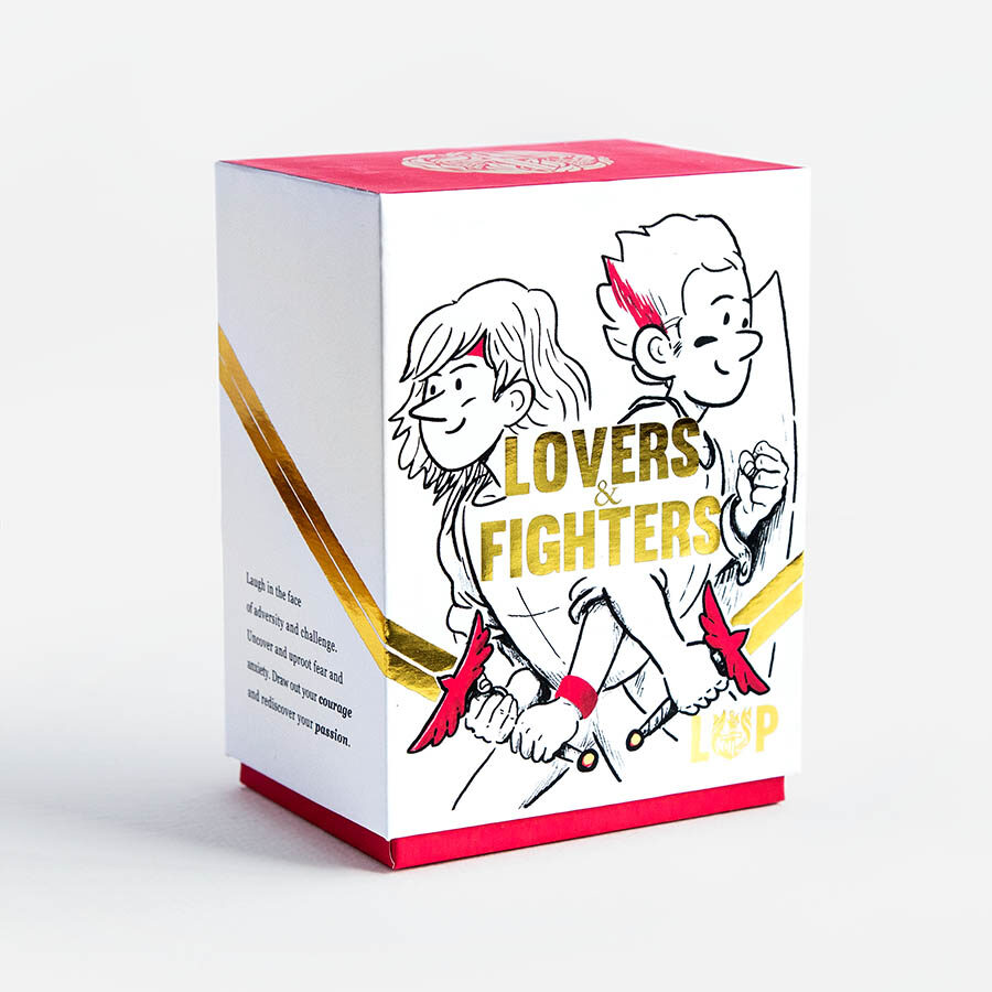 'Lovers & Fighters' boxed card set for Living & Powerful, with line art illustration of two figures