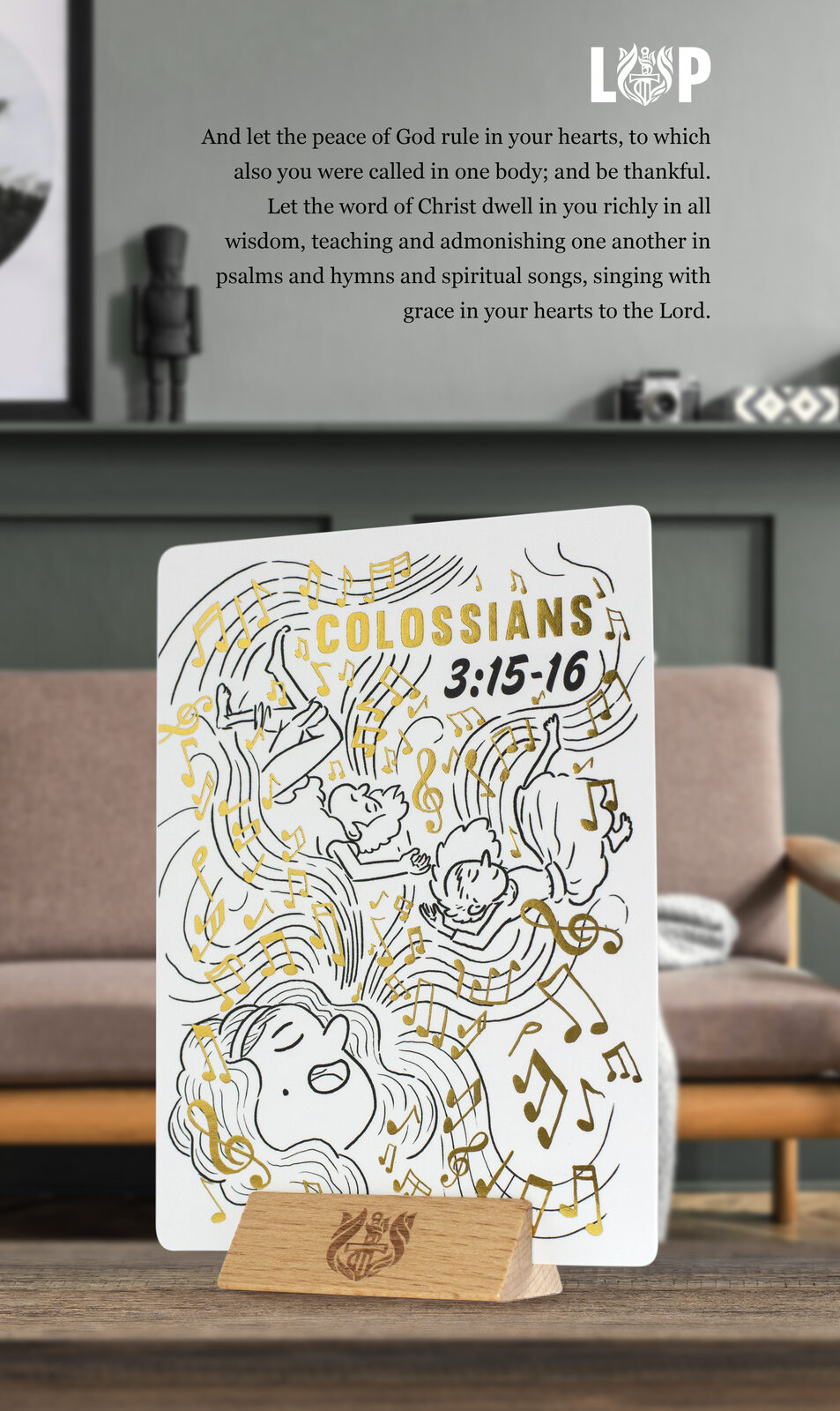 Illustrated Colossians 3:15-16 verse card for Living & Powerful, showing figures singing among gold foil musical notes