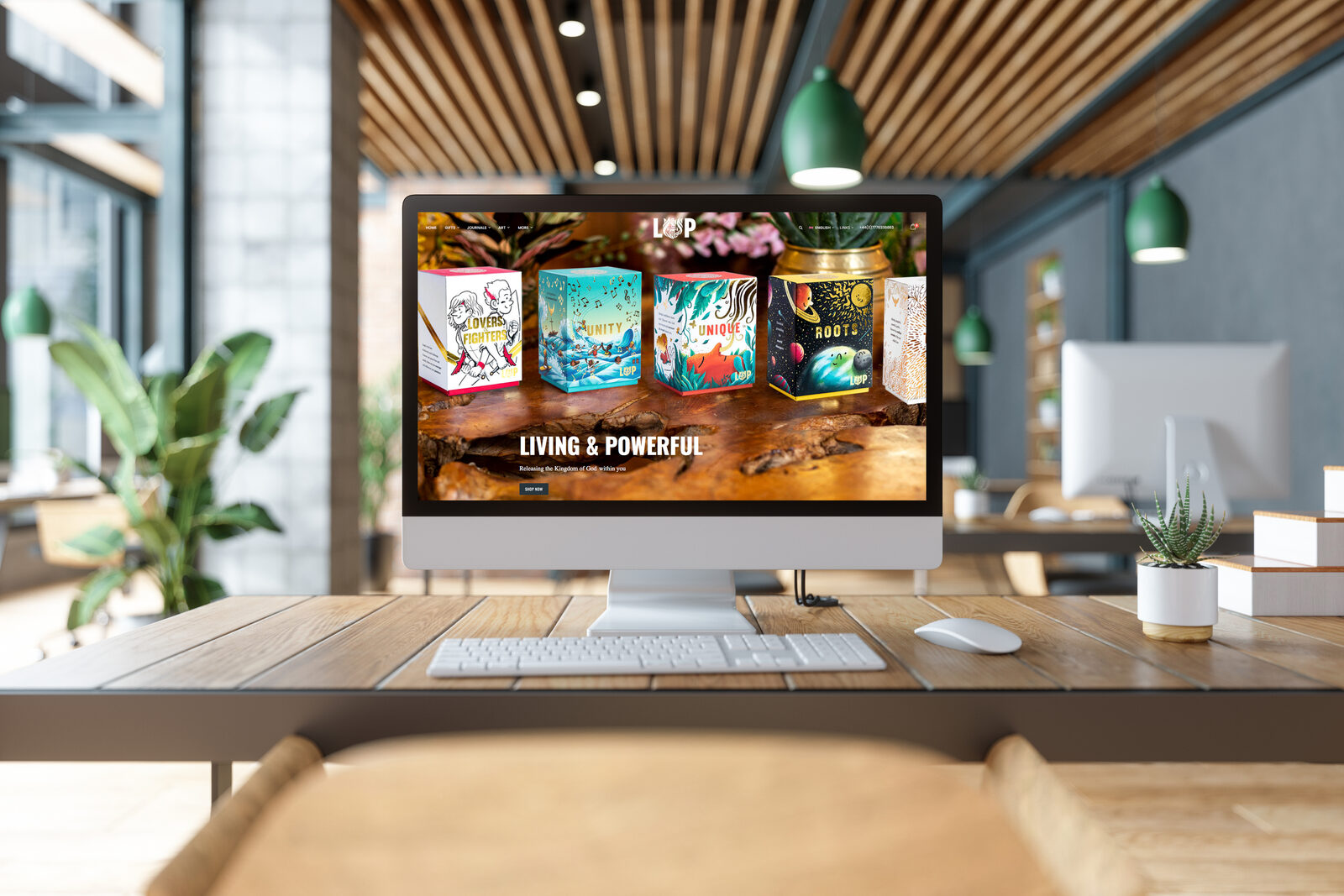 Living & Powerful website homepage design, shown on a desktop monitor, reading 'Releasing the Kingdom of God within you'