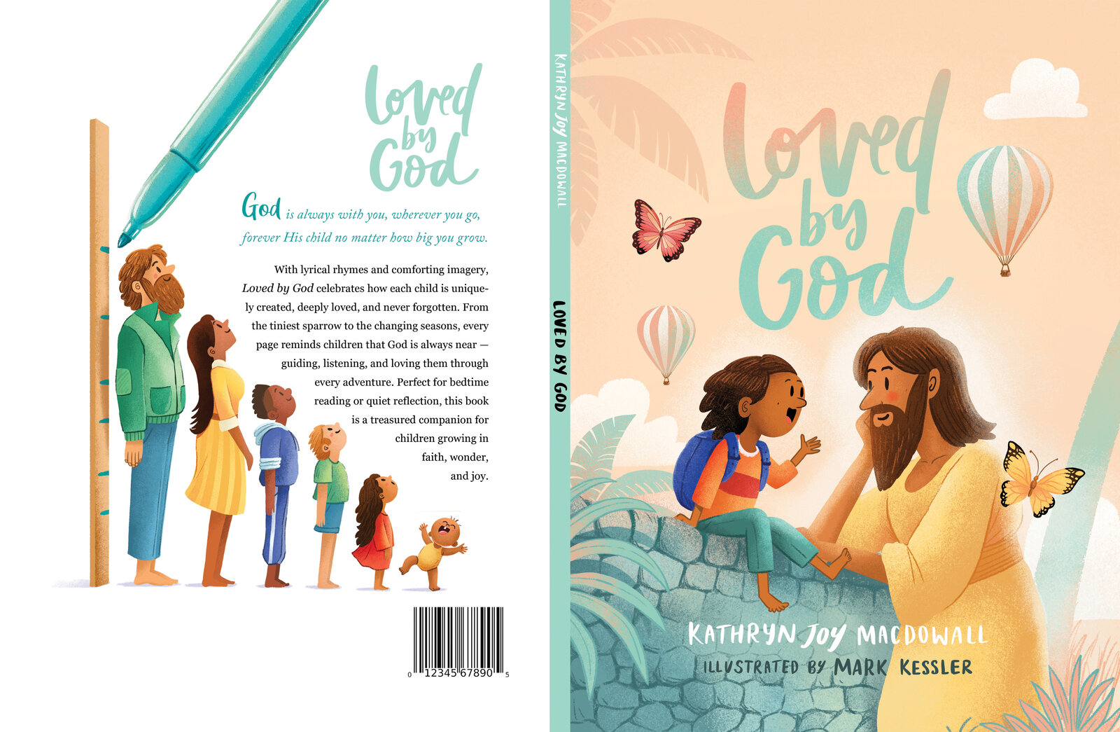 Front and back cover of the book Loved By God, showing a line of children growing from baby to adult and a girl sitting on a wall with a bearded figure, by author Kathryn Joy MacDowall and illustrator Mark Kessler
