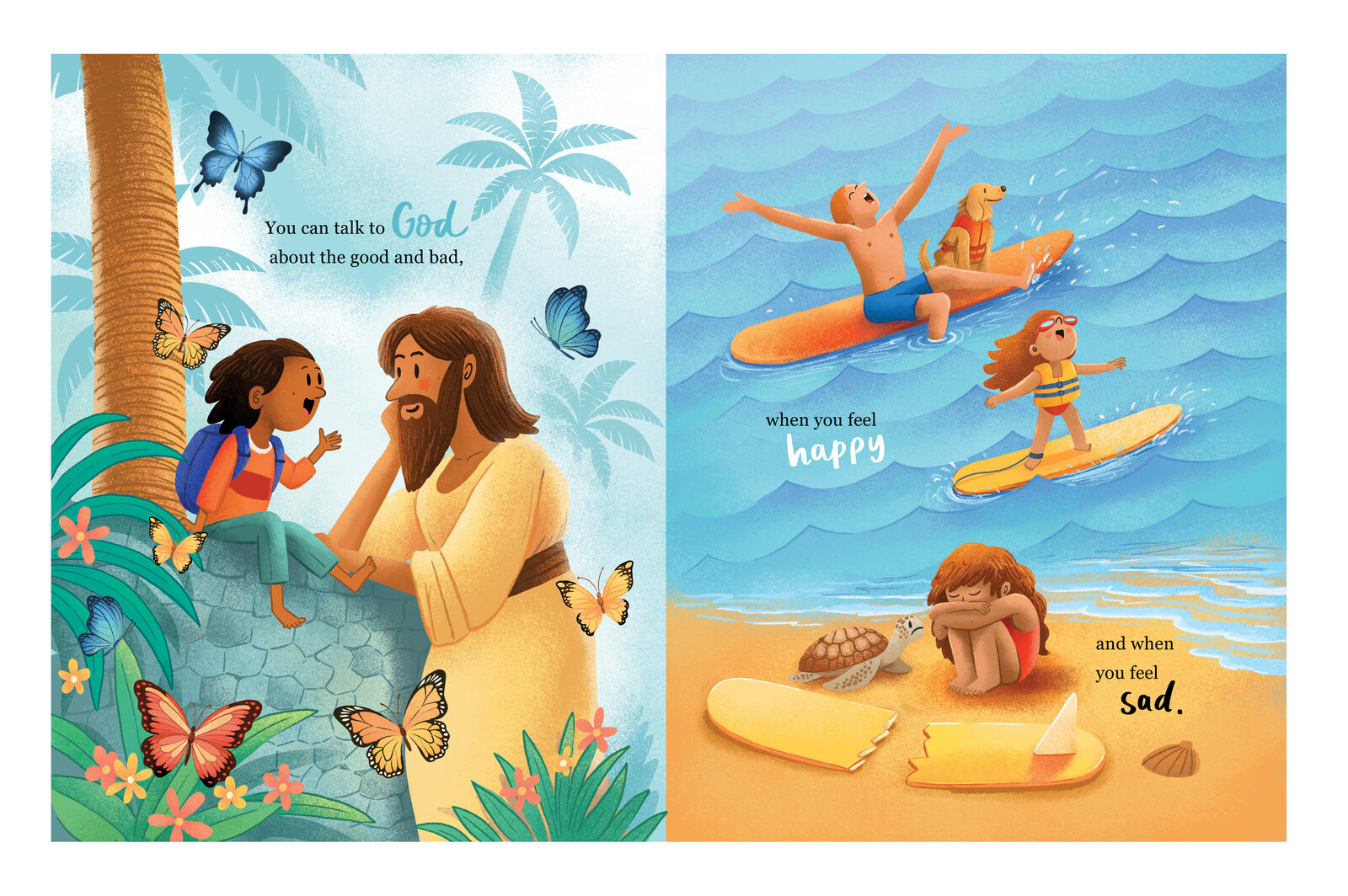 Illustrated spread of a child talking with a robed figure on a rock and a child surfing beside a sad turtle, with the hand lettered text "You can talk to God about the good and bad, when you feel happy, and when you feel sad"