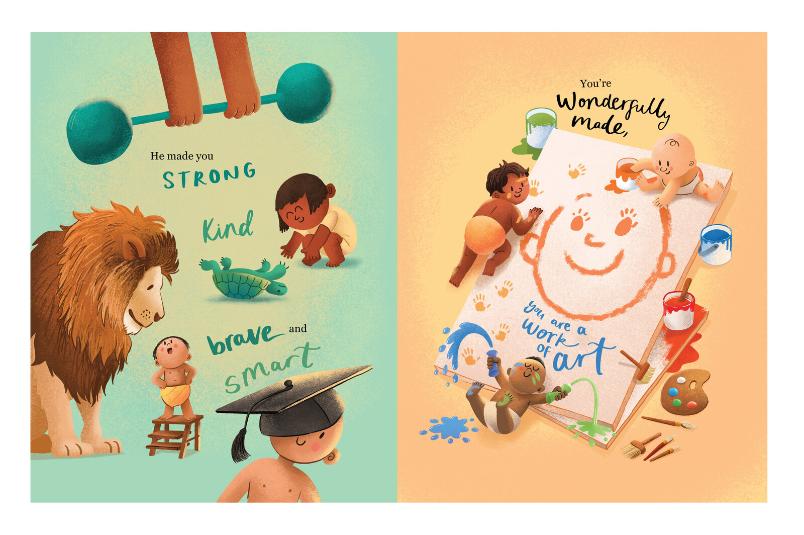 Illustrated spread of a lion beside a child and a child in a graduation cap painting, with the hand lettered text "Wonderfully made — brave and kind, strong and smart"