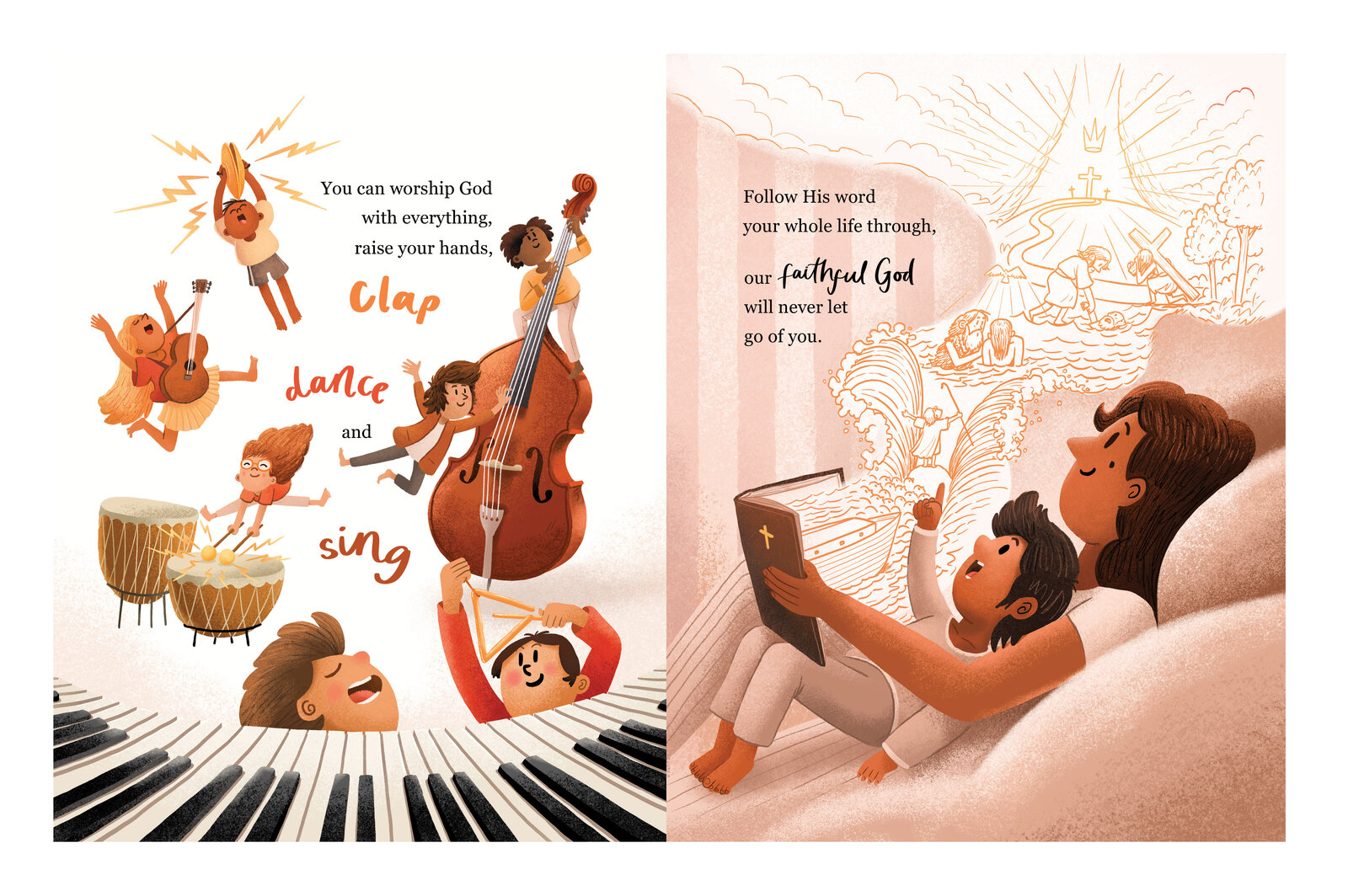 Illustrated spread of children playing instruments and dancing, and a child reading in bed, with the hand lettered text "Clap and dance and sing, you can worship God with everything"
