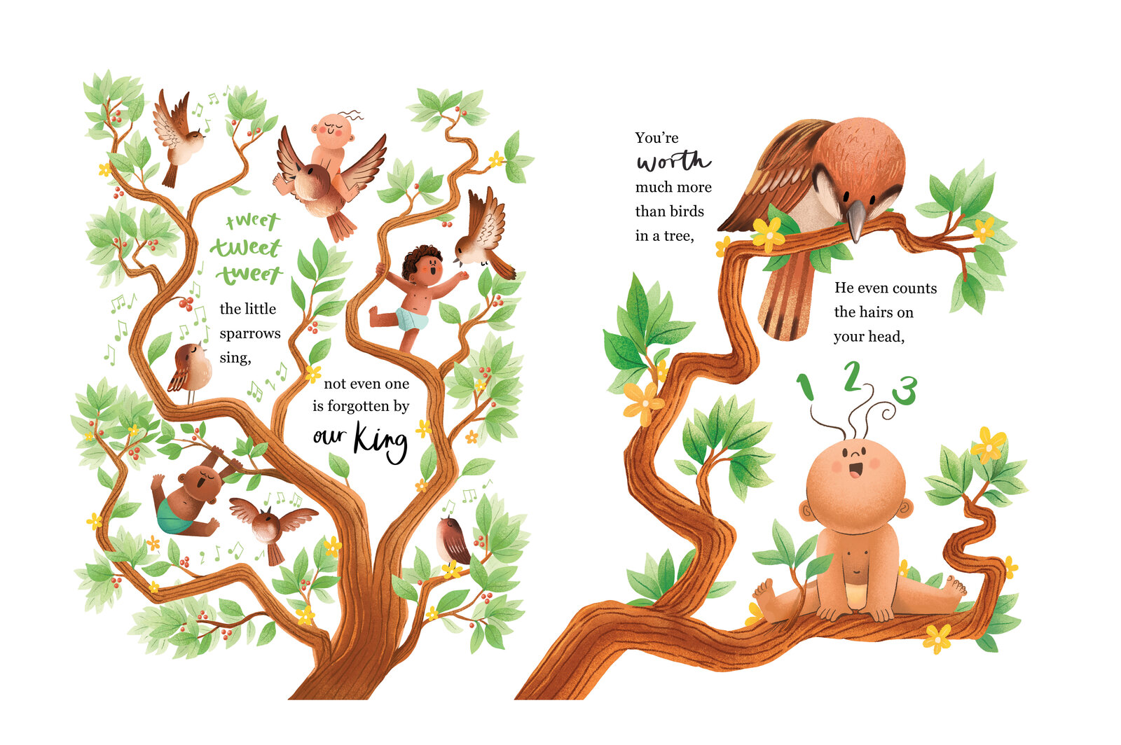 Illustrated spread of a tree full of birds and a baby counting on its fingers, with the hand lettered text "You're worth much more than birds in a tree — He even counts the hairs on your head"