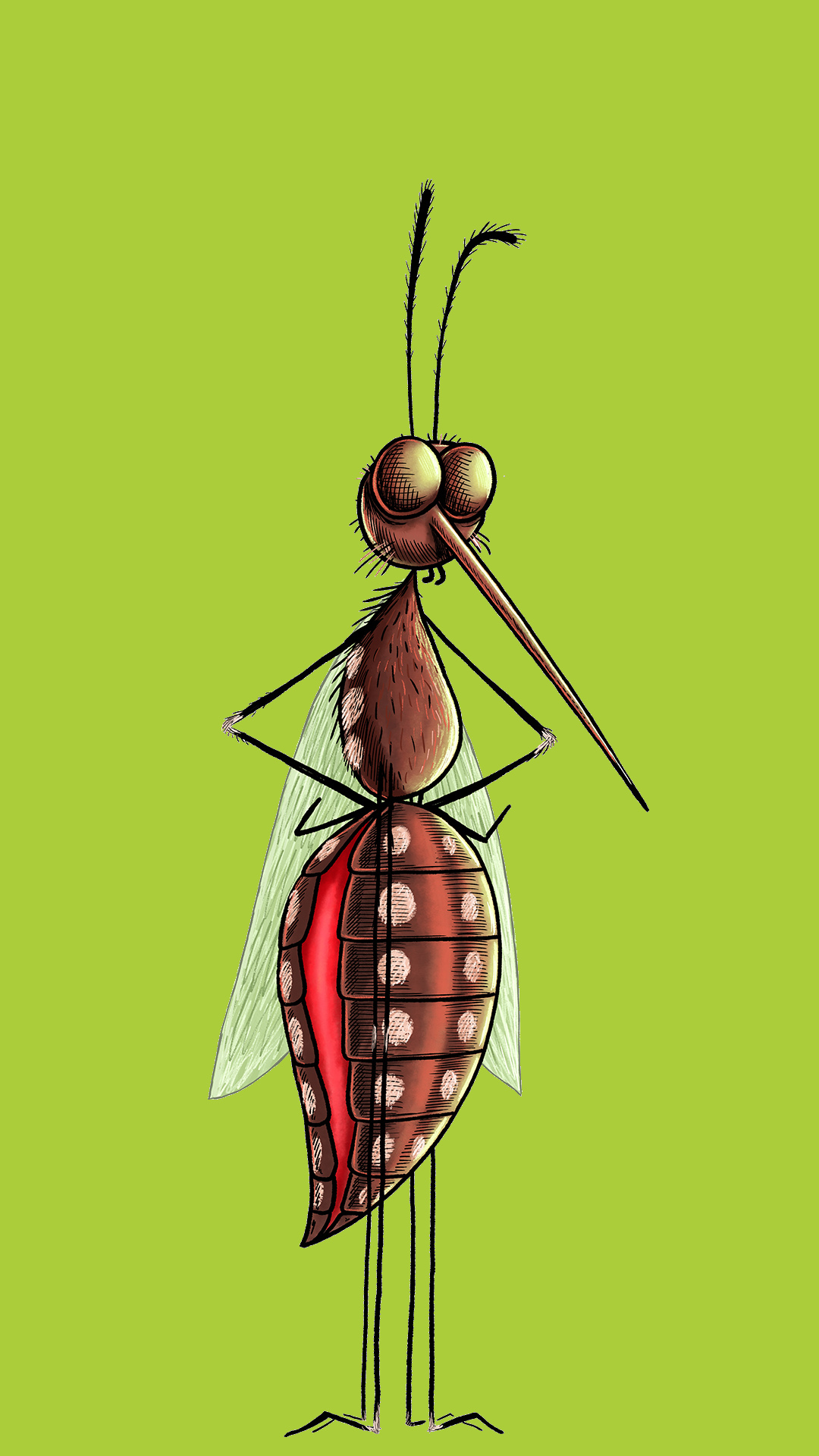 Illustrated mosquito standing upright with hands on hips, on a lime green background