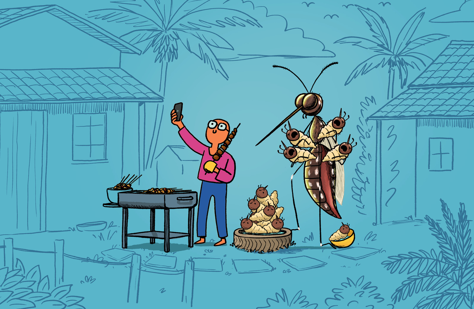 Illustration of a family at an outdoor barbecue in a tropical village setting, with a mosquito character hovering nearby