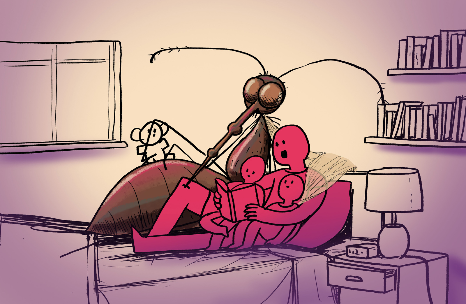 Illustration of a mosquito character tucking two children into bed in a bedroom setting
