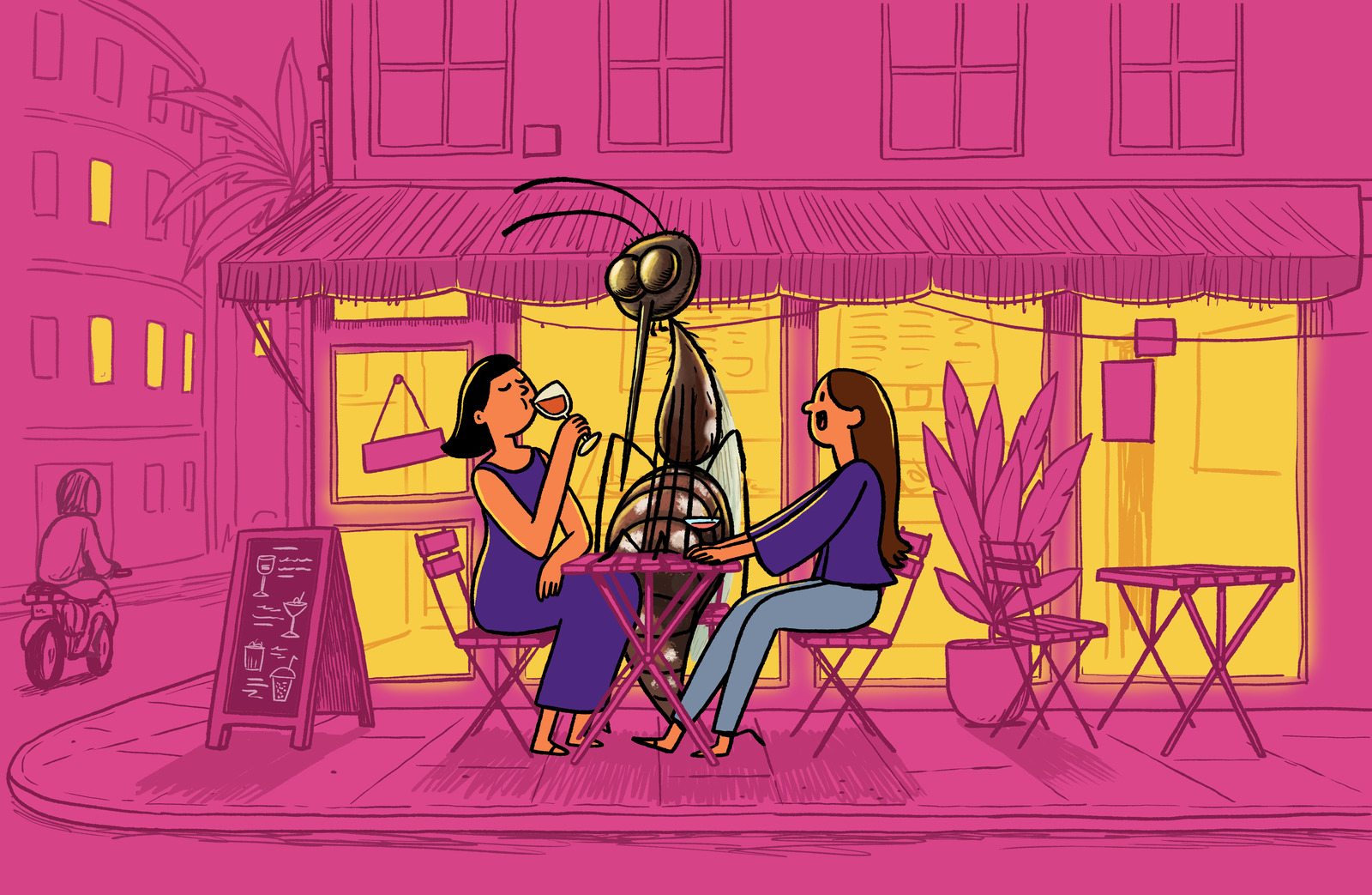 Illustration of two people at an outdoor café table in the evening, with a mosquito character hovering above